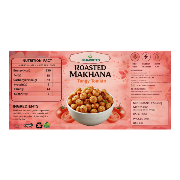 Bihar Bites Roasted Makhana – Tangy Tomato Flavour | Healthy & Crunchy Snack