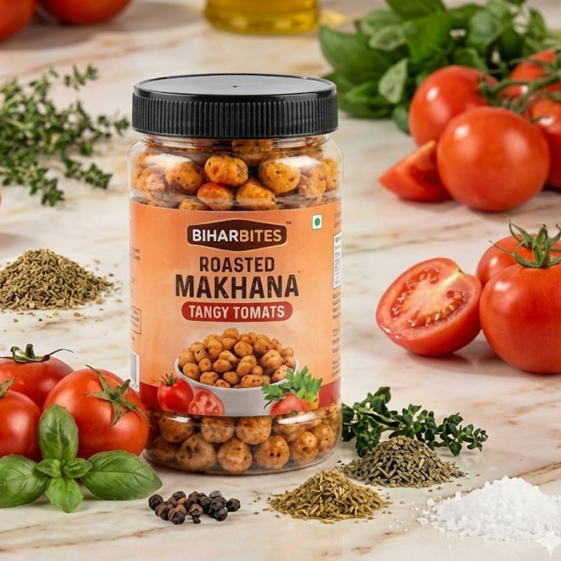 Bihar Bites Roasted Makhana – Tangy Tomato Flavour | Healthy & Crunchy Snack