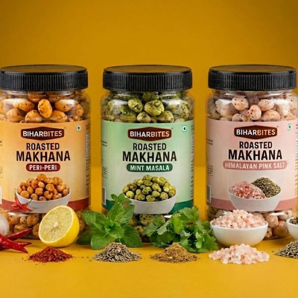 Bihar Bites Roasted Makhana Combo – Peri Peri, Mint Masala & Himalayan Pink Salt Flavours